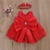 Urodzona Baby Princess Girls Dressband 6 kolorów bez rękawów Koronki Bow Flowers Dress Wedding Party Ubrania 0-24m 240322