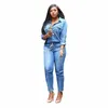 Slim Casual Sexy Blue Jeans långärmad denim Kvinnor One Piece Jumpsuit