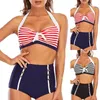 Costumi da bagno da donna Bikini a righe multicolori Set Halter Seno Raccolta Hip Wrap Vita alta Con spacco sul collo Costumi da bagno donna sexy