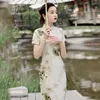 Etnische Kleding Korte Mouw Vintage Zachte Elegante Split Qipao Jurk Vrouwen Zomer Stand Kraag Slanke Retro Chinese Stijl Cheongsam Dame