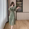 Casual Dresses 2024 Spring Female Vintage Long Sleeve Edible Tree Midi Women Elegant Lace-up Office Lady Style Dress