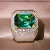 14K Yellow Gold Ring for Men Pure Natural Emerald Gemstone Bizuteria Jewelry Invisible Setting Square Engagement 14K Gold Rings 240323