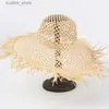 Wide Brim Hats Bucket Hats 2024 Hand Woven Hollow Raffia Hat Women Wide Brim Beach Hats Outdoor Vacation Sun Hat Take Pictures Straw Hat Holiday Gift L240322