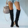 Stövlar Fhanchu 2023 över knäflocken High Boots Woman, Long Botas, Square Heel, Round Toe Winter Shoes, Black, Grey, In Stock, Dropship