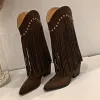 Boots Tall High Fringe Boot Women Chunky Rivets Vintage Knee Boots Fashion Brown Black Winter Western Cowboy Suede Knights' Boots