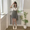 Work Dresses Korejpaa Korean Fashion Two Piece Set Women Perppy Style Turn-down Collar T Shirt Top Slim Waist Sling Pleated Mini Dress