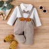 Clothing Sets PatPat 2pcs Baby Boy Plaid Bow Tie Long-sleeve Shirt And Bear Embroidery Suspender Pants Set