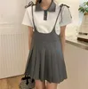 Work Dresses Korejpaa Korean Fashion Two Piece Set Women Perppy Style Turn-down Collar T Shirt Top Slim Waist Sling Pleated Mini Dress