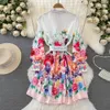 Basic Casual Dresses Summer Fashion Designer Linen Short Dress Women Clothing Lantern Sleeve Flower Print Single Breasted Belted Mini Vestidos 2024