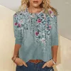 Camiseta feminina de manga comprida primavera gradiente floral estampado gola redonda top elegante e casual