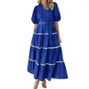 Vestidos casuais maxi vestido com gravata cintura elegante mulheres verão mangas inchadas em camadas babados silhueta fluida para qualquer ocasião