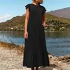 Casual Kleider Damen Einfarbig Gerafftes Kleid Rundhalsausschnitt Lose Mit Taschen Sommer Rüschen Kurzen Ärmeln Lange 2024 Robe