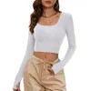 Camisetas para mujer Camiseta básica de punto acanalada de manga larga con cuello redondo para mujer Camisetas ajustadas informales de Color sólido con agujeros para el pulgar