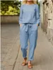 Casual Elegant Ladies 2 Piece Set Fashion Spring Cotton Linen Womens Tracksuit Suit Långärmad topp Loose Pants Set Female 240315