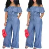 Plus size zomer hete stijl gegolfde rand eenlijns hals korte mouwen losse denim wijde pijpen jumpsuit voor dames