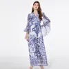 Casual Dresses Summer Bohemian Red Blue and White Porcelain Dress Women's Batwing Long Sleeve Floral Print Beach Runway Party Robe Maxi