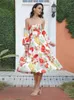 Бальные платья Весенне-летнее темпераментное милое платье с цветочным принтом Сексуальный дизайн с открытыми плечами Праздничный длинный подол с распашным солнцем и рукавами