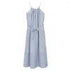 Casual Jurken Vintage Gestreept Katoen Linnen Lang Voor Vrouwen Sexy Halter Bandage Lace Up Maxi Elegante Partij Zomer Boho Zonnejurk