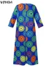 VONDA винтажное длинное платье размера плюс 5XL, женское модное осеннее богемное платье макси с принтом, повседневное свободное вечерние платье с рукавами 3/4 240320
