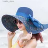 Breda randen hattar hink hattar maershei 2021 Summer Womens Beach Hats Caps Foldbar Chiffon Floppy Sun Hats Panama Casual Ladies Sombreros Bowknot Hat Ladies L240322