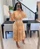 Casual Dresses African Print Dress Fashion Pearl Belt Printed Pleated Lantern Sleeves Chiffon Half High Neck Loose Female No