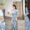 Ethnic Clothing 2024 Chinese Slim Fit Oriental Style Dress Improved Cheongsam Lady Floral Women A Line Blue