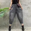 Calças de brim femininas na moda branqueada 70-75cm bezerro-comprimento vaqueros oversize harem casual elástico cintura alta streetwear denim calças largas