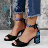 Fashion Women Black Flock Flower Color High Heels Sandals Female Pumps Peep Toe Ankle Strap Platform Shoes 35-43 240411