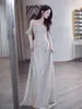 Runway Dresses Silver Celebrity Dress Pleated French Style Beach Party Off Shoulder Glitter Dance Custom High-End Boat Neck Host Evening