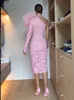 One Shoulder Pink Sheath Lace Prom Dresses With Hand Made Flower Long Sleeve Side Split Tea Length Formal Party Gown for women 2024 Sexy Cocktail Dress