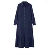 Casual Dresses Lapel Long Sleeve Dress Women Maxi Elegant Denim With Ruffle Patchwork Flowy Hem Women's For Travel