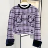 Damenjacken Frauen Lila Plaid Kurze Jacke Mode Rüschen Stehkragen Spleißen Langarm Einreiher 2024 Dame Mantel mit Taschen