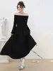 Casual Dresses Sweet Girl Off Shoulder Black Dress Women's Autumn Slim Fitting Slash Neck Long-sleeved A-line Fashion Female Clothes