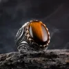 Vintage Brown Tiger Eye Stone Rings for Men Women Turkish Handmade Spiral Engraved Statement 14k Yellow Gold Ring Anniversary Gift Wholesale