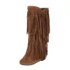 Boots Size 3443 Fashion Pink Flock Leather Women Fringe Flat Heels Long Boots Woman Tassel Knee High Boots Free Shipping