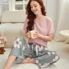 Summer Pajamas Set for Women Cotton Viscose Contrasting Color Short Sleeve Tops with Long Trousers Ladies Pj