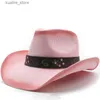 Chapéus de aba larga Bucket Chapéus Vintage Retro Cáqui Faixa de Couro Cinto Escavado Mulheres Homens Palha Aba Larga Praia Cowboy Cowgirl Western Sun Hat L240322