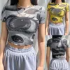 Camisetas de mujer con bordes estampados, corte ajustado, Tops cortos con ombligo expuesto, camisetas de manga corta con cuello redondo de malla transparente, camisetas informales sexis para mujer