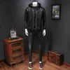 Autumn New Mens Fake Two-Piece Hooded Leather Jacket för män Motorcykel läderrock