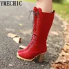 YMECHIC Mode Kruis Gebonden Lace Up Mid Kuit Ridder Dames Hoge Hakken Rood Zwart Flock Herfst Winter Schoenen Voor vrouwen 2024