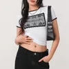 Women's T Shirts Women T-shirt Crew Neck Short Sleeve Flower Print Slim Fit Summer Casual Tops Streetwear
