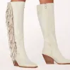 Botas "Moda de couro branco Mulheres Fringe High Boots Long Boots Woman Tassel Knee High Autumn Winter Botas New Botas Frete grátis