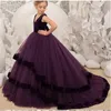 Robes de fille à plusieurs niveaux en tulle robe de bal princesse robe à fleurs sans manches bijou ceinture de mariage fête de Noël pour enfant première communion