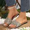 Pantoufles d'été de grande taille pour femmes, sandales de plage plates en diamant de luxe de styliste noires