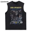 Vintage Sleeveless T-Shirt Vest Y2K Hip Hop Retro Racing Car Skull Graphic Print Punk Gothic Tank Tops Harajuku Washed Tshirt 240321