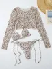 Kvinnors badkläder Sexig mesh bunden strängbikini Push Up Thong Swimsuit Leopard 3 -stycke Baddräkt Kvinnor Brasiliansk långärmad strandkläder