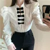 Womens shirt French bow design sense small long sleeve shirt 2024 spring and autumn slim lace top 240312