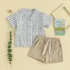 Set di abbigliamento per bambini bambini bambini da 2 pc outfit t-shirt bottoni a manica corta a righe e pantaloncini elastici abiti da spiaggia estiva