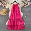 Casual Dresses Clothland Women Elegant Pink Strap Dress Spaghetti Straps Backless Ruffle Beach Wear Chic Midi Vestido QD435