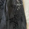 힙합 하라주쿠 고딕 패턴 프린트 느슨한 캐주얼 검은 청바지 남성 다목적 하이 스트리트 레그 넓은 다리 바지 240311